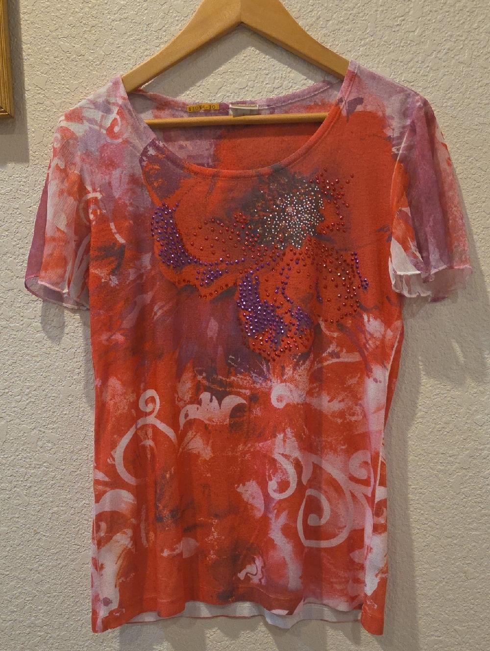 JM Collection Dressy Red & Purple Rhinestone Short Sleeve Scoop Neck Top